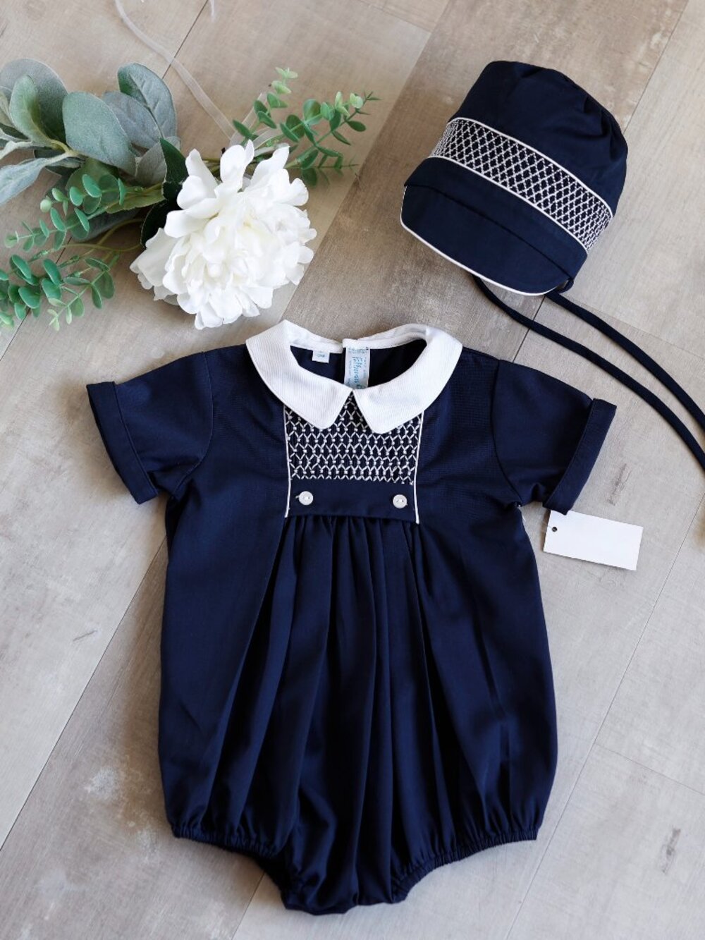 Navy Smocked Heirloom Bubble Chevron Smocked Creeper & Bonnet Feltman Brothers